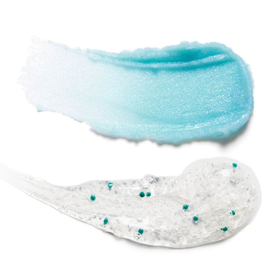 Two swatches of blue and white cream with green specks on a white background