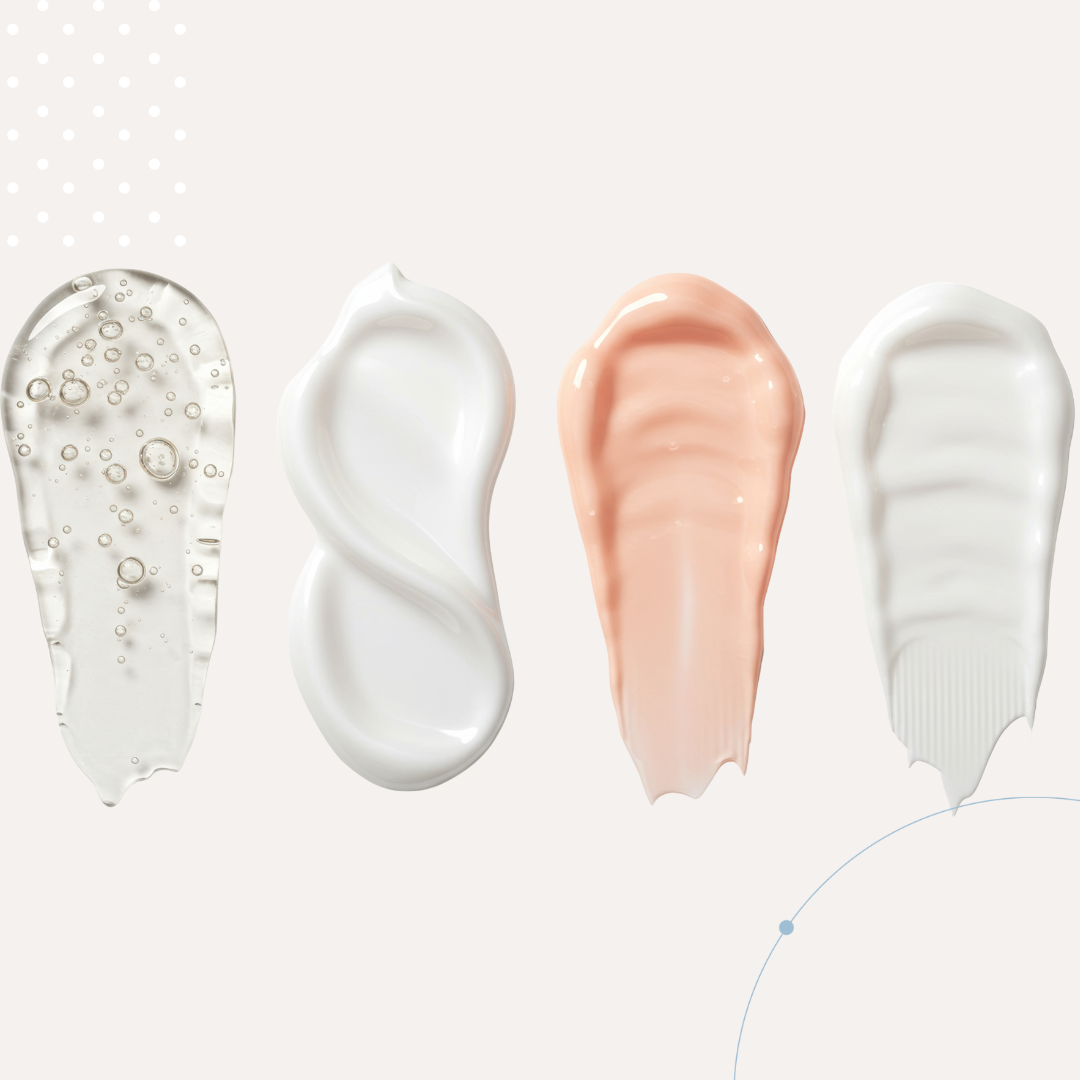 Four swatches of different skincare products on a light gray background