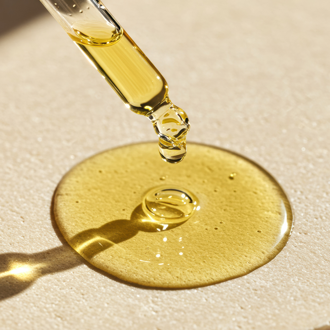 Gold dropper bottle with liquid on a beige background