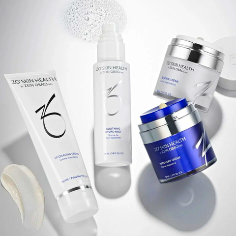 Collection of skincare products from the brand ZO Skin Health by Zein Obagi MD.